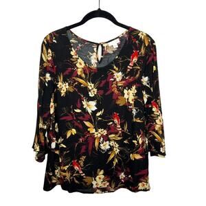 J. JILL / black red yellow floral 3/4 sleeve pullover blouse / M